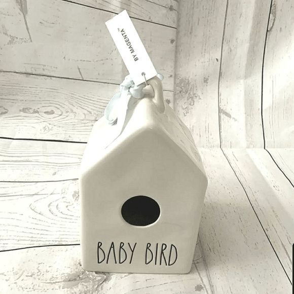 Rae Dunn Baby Bird Birdhouse w/ Blue Ribbon & Two Bird Decals 5" D, 7.5" H, 5" W - Picture 6 of 9